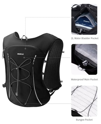 ECOHUB Running Hydration Vest Backpack,Lightweight Breathable Pack with 2L Water Bladder Bag Daypack for Hiking Trail Running Cycling Race Marathon for Women Men | Ultra-lightweight,2L water bladder,smart waterproof pockets,reflective trims emergency whis