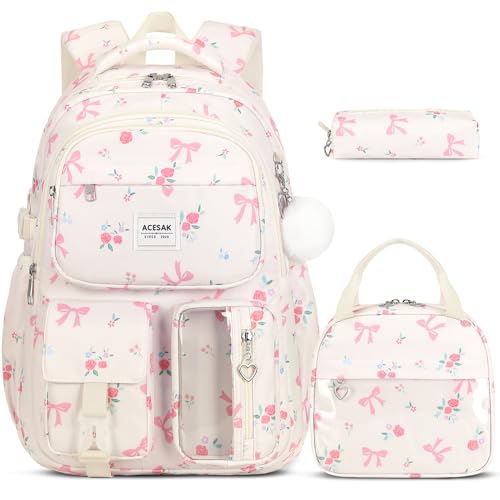 ACESAK Backpack for Girls - Girls Backpack with Lunch Bag & Pencil Pouch for Teen Kids Laptop Backpack for Women, Elementary Middle High School Bookbag Travel Daypack (Floral Bows) - color: Floral Bows