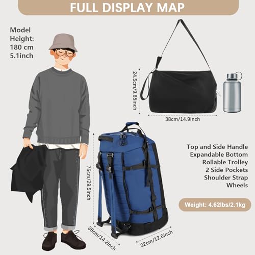 29" 86L Foldable Wheeled Duffle Bag, Waterproof Travel Rolling Backpack with Quilted Bottom, Navy - color: Navy