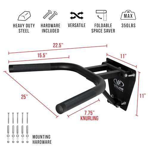 Valor Fitness Wall Mounted Dip Station - Foldable Dip Bar for Home Gym -Heavy Duty Steel Upper Body Training Equipment - Multi Grip Handles for Dips, Leg Raises, and Ab Workout - 350 lb Capacity