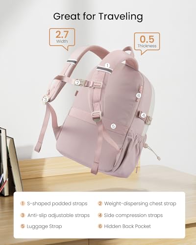 LOVEVOOK School Backpack,Teen Girls Waterproof Laptop Bookbag 15.6" Daily | Large Capacity College Student with base board Laptop Backpack,Lightweight Cute Kid Bookbag with Water Bottle Holder - color: Light Pink - Off White, size: 15.6 inch