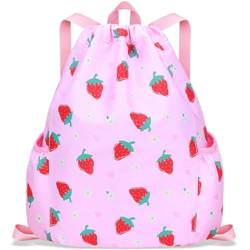 RHCPFOVR Drawstring Backpack for Kids - Unicorn Bags for Girls Mini Gym Dance Beach Swim Travel Bag With Two Water Bottle Holder - color: Rainbow Unicorn 1