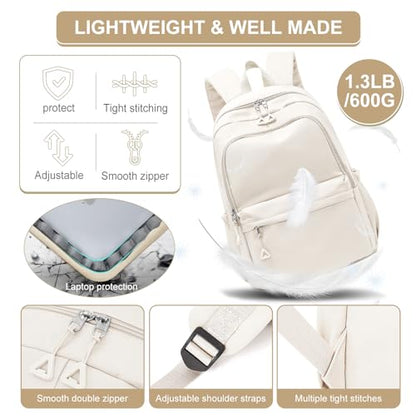 Casual Laptop Backpack for Women Men College Bookbag Waterproof Lightweight School Bag 15.6inch Laptop Daypack Large Capacity School Backpack for Teens Boys Girls (beige) - color: Beige