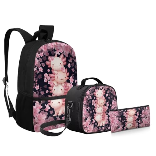 Backpack for Boys Girls Axolotl Cherry Blossom Backpacks 3 Pack Elementary School Bag with Reusable Lunch Bag Pencil Case Set Preschool Kindergarten Toddler - color: Axolotl Cherry Blossom