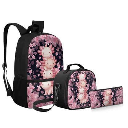 Backpack for Boys Girls Axolotl Cherry Blossom Backpacks 3 Pack Elementary School Bag with Reusable Lunch Bag Pencil Case Set Preschool Kindergarten Toddler - color: Axolotl Cherry Blossom