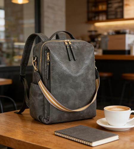 myfriday PU Leather Large Backpack Purse for Women Casual Travel Backpack Convertible Satchel Handbags With Luggage Strap (Grey) - color: Grey
