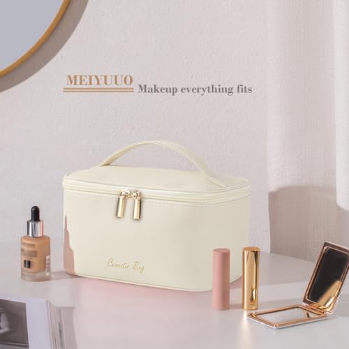 Meiyuuo Makeup Bag Large Cosmetic Bags for Women Girls Cute Travel Zipper Pouch Toiletry Organizer for Beauty Essentials Waterproof (Beige) - color: Light Beige