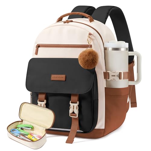 LOVEVOOK School Backpack for Teen Girls, 14-18 Casual Large Capacity Student Laptop Backpack with Pencil Case, 15.6 Inch Bookbag for College, Middle & High School, Gift for Girls - color: Black White Brown, size: 15.6 inche- 2Pcs