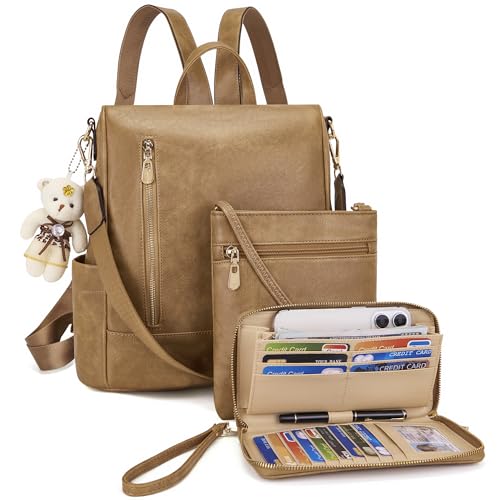 Soperwillton Women Fashion Backpack Purse Anti-Theft Leather Shoulder Bag Travel Multi Pockets Handbag Wallet Set 3pcs - color: Apricot