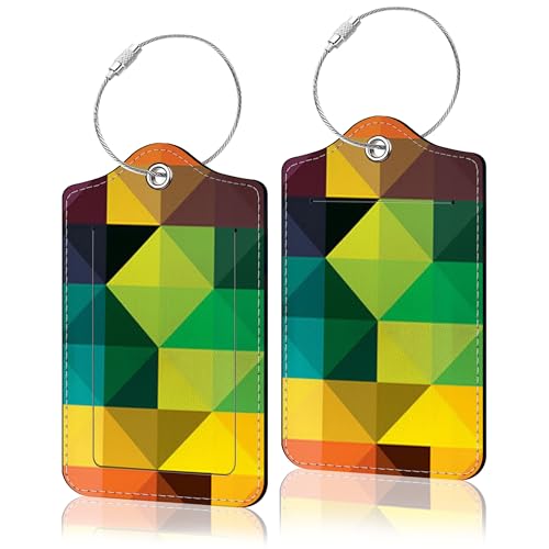 2 Pack Luggage Tag for Suitcase, Cute Unique Leather Suitcase Tags Identifiers with Privacy Name Address Labels & Durable Steel Loop for Women Men Travel - color: Colorful Geometric Pattern
