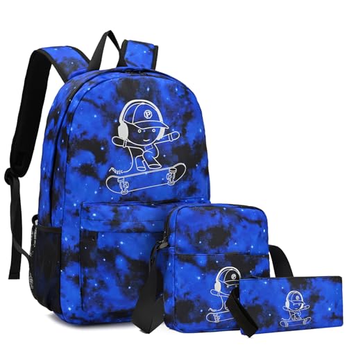 School Backpack for Boys, Elementary Kids Backpack Middle School Bags College Bookbag Travel Daypack for Teen Boys and Girls, Skateboard Anime Luminous Lightweight Laptop Bag - style: Skateboard-blue2