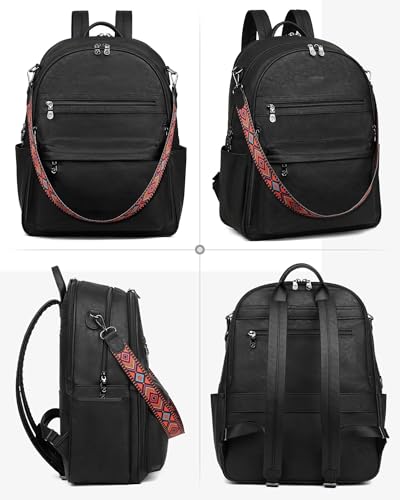 FADEON 15.6 Inch Laptop Backpack Purse for Women, Large Capacity | Vegan Leather Backpack with Padded Straps, Laptop & iPad Slots Fits 13", 14" & 15.6". Roomy for Daily, Work & Travel - color: Black Retro Style