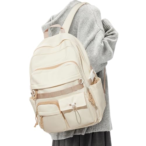 Aesthetic School Backpack for Women Men College Backpack With Lots Of Pockets Waterproof Travel Casual Daypack Cute Bookbag For Teens Girls Boys High School Bag(Beige) - color: B4-beige