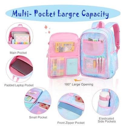 School Backpack for Girls Rainbow Kids Cute Backpack for Back to School Laptop Travel Bag With pencil Case (Blue Set) - color: Blue Set