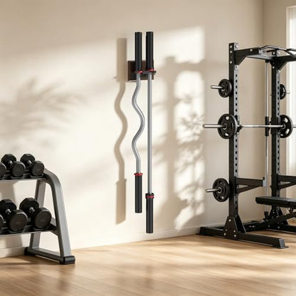 Barbell Wall Mount, Olympic Barbell Holder for Garage Gym, Vertical Bar Rack with Wooden Spacer Pad - Black Powder Coated Iron & Rubber Wood Base, Anti-Scratch Wall Protection & Extra Stability on Uneven Walls - Space Saving Home Gym Accessory, Barbell St
