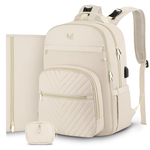 MOMUVO Diaper Bag Backpack, Quilted Baby Bag with Changing Pad and Stroller Straps and Pacifier Case, Multifunction Waterproof Travel Diaper Bags, Unisex, Beige - color: Beige