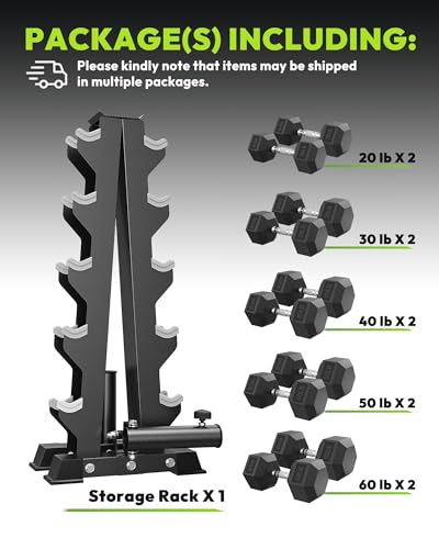 HANDBODE Rubber Coated Hex Dumbbell Set with A-Frame Rack, 100 lb - 600 lb Multiple Options Weight, Hexagon Non-Rolling Shape, Ergonomic Knurled Handle, Home Gym Equipment for Strength Training - style: 400 lb (20, 30, 40, 50, 60 lb) X 2 & Rack