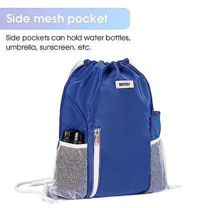 WANDF Drawstring Backpack Sports Gym Sackpack with Mesh Pockets Water Resistant String Bag for Women Men (Navy Blue) - color: Navy Blue