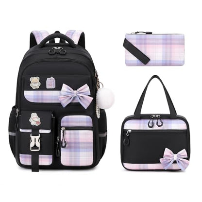 MOONBABY Girls Backpack, Kids Backpack for Girls School Bags with Lunch Bag & Pen Case, Bow Plaid Book Bag for Elementary Middle Primary High School College,Black-3pcs - color: Black Set