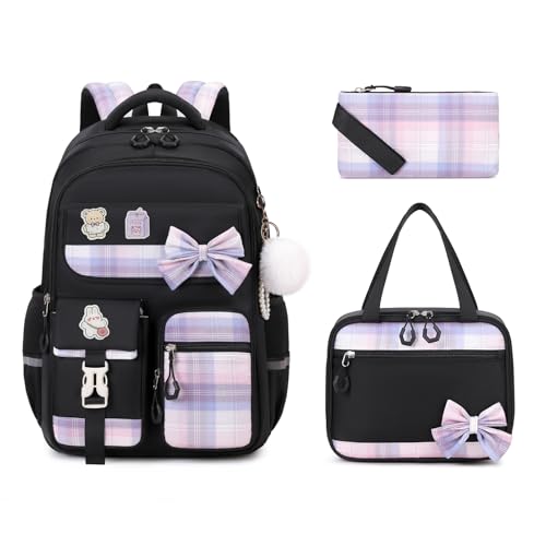 MOONBABY Girls Backpack, Kids Backpack for Girls School Bags with Lunch Bag & Pen Case, Bow Plaid Book Bag for Elementary Middle Primary High School College,Black-3pcs - color: Black Set