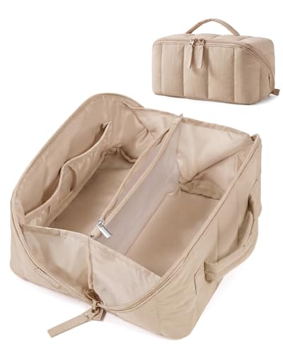 BAGSMART Travel Makeup Bag for Women, Portable Water-resistant Cosmetic Case, Puffy Padded Make Up Organizer Pouch, Open Flat Toiletry Bag for Toiletries, Brushes, Khaki - color: 04-Khaki Brown