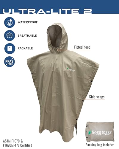 FROGG TOGGS Ultra-lite2 Waterproof, Breathable Rain Poncho, Adult and Youth Sizes - color: Khaki, style: Youth