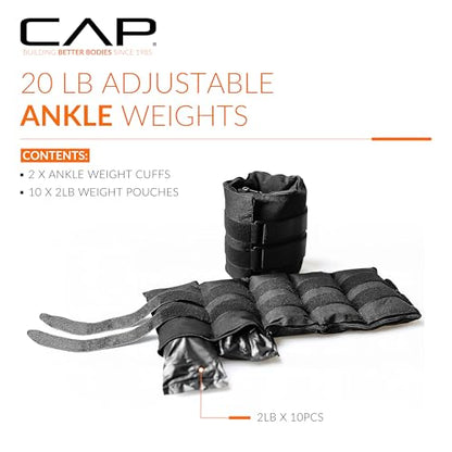 CAP Barbell Adjustable Ankle Weights |10-20lb Pair | Black - size: 20-Pounds