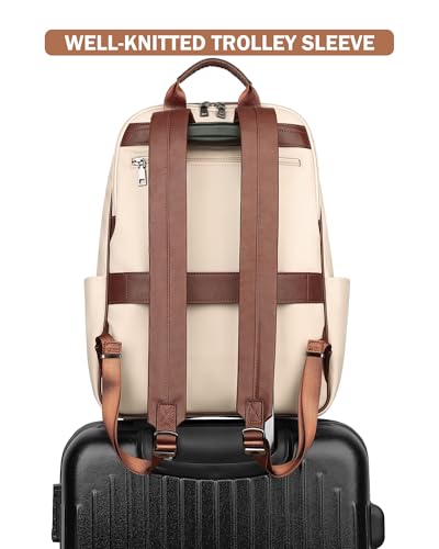 MASINTOR 15.6 inch Leather Laptop Backpack Purse for Women, Designer Travel and Work Bag with Laptop Compartment Beige Brown - color: Beige Brown