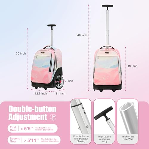 NEW TILAMI 19 inch Rolling Backpack Teens Rolling Backpack Cute Wheeled Laptop Backpack Bookbag Roller Travel Bag College,Pink - color: Pink
