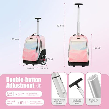 NEW TILAMI 19 inch Rolling Backpack Teens Rolling Backpack Cute Wheeled Laptop Backpack Bookbag Roller Travel Bag College,Pink - color: Pink