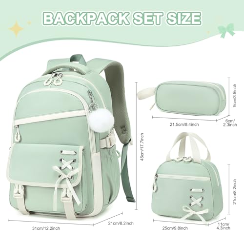 Scothen 3PCS Girls Backpack for School, Kids Backpack for Girls with Lunch Bag Pencil Case, Kids Bookbag Teen Backpacks for Elementary Middle High School - color: Green-beige