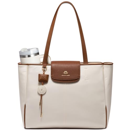 LOVEVOOK Laptop Tote Bag for Women,Nylon Work Totes with 17.3 Inch Laptop Compartments, Lightweight Fashion Purse with Large Cup Holder,Travel Tote with Luggage Straps - color: White-brown, size: 17 Inch