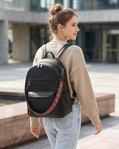 FADEON 15.6 inch Laptop Backpack Purse for Women Designer PU Leather Computer Backpacks Fashion for Work Travel Black - color: Black Retro Style