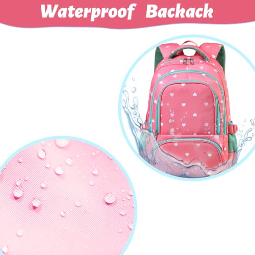 BLUEFAIRY Lightweight Water Resistant Backpack for Girls, Pink, 5-9 Years, Laptop Compartment, Adjustable Shoulder Straps, Breathable Mesh - color: Pink/Teal