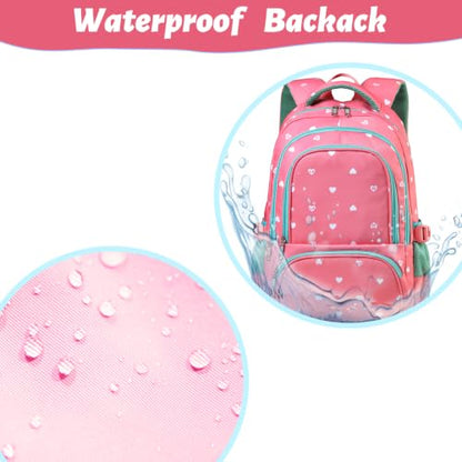 BLUEFAIRY Lightweight Water Resistant Backpack for Girls, Pink, 5-9 Years, Laptop Compartment, Adjustable Shoulder Straps, Breathable Mesh - color: Pink/Teal