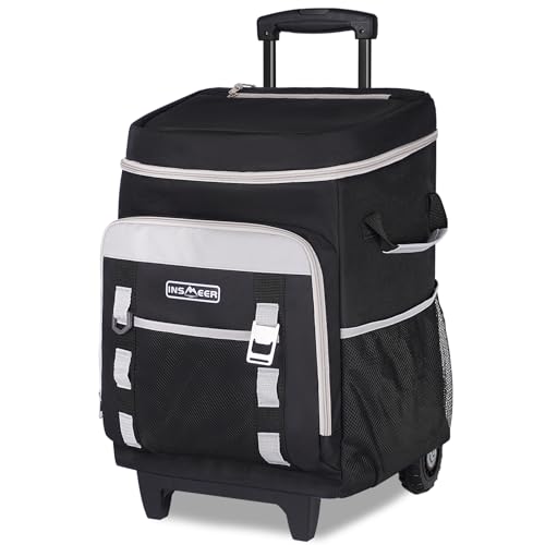 INSMEER Cooler with Wheels and Handle, 80 Cans/50L Rolling Cooler, Portable Soft Sided Cooler with Wheel, 2-in-1 Collapsible Trolley Cart, Large Coolerbag for Grocery Shopping - color: Gray