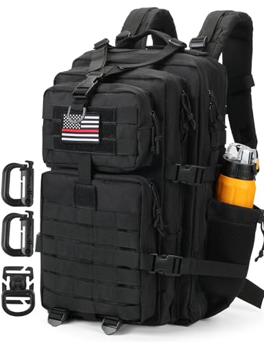 Hannibal Tactical MOLLE Assault Backpack, Tactical Backpack Military Army Camping Rucksack, 3-Day Pack Trip w/USA Flag Patch, D-Rings, Flag patch with water bottle - color: Flag Patch With Water Bottle