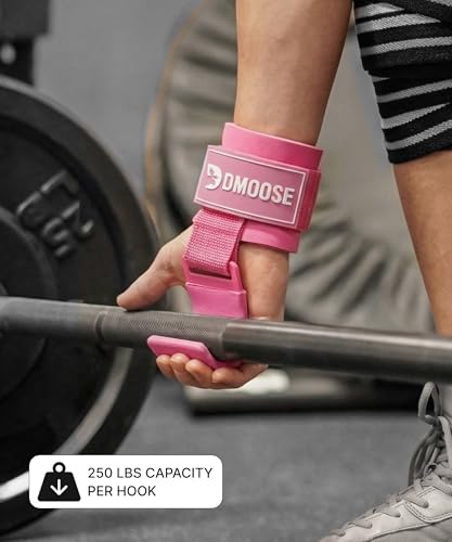DMoose Fitness Weight Lifting Hooks (Pair) for Deadlifts, Pull Ups, Rows & Shrugs - Anti-Rip Nylon Strap Hand Grips with Thick Wrist Padding - Heavy Duty Wrist Straps for Weightlifting & Gym Workouts - color: All Pink