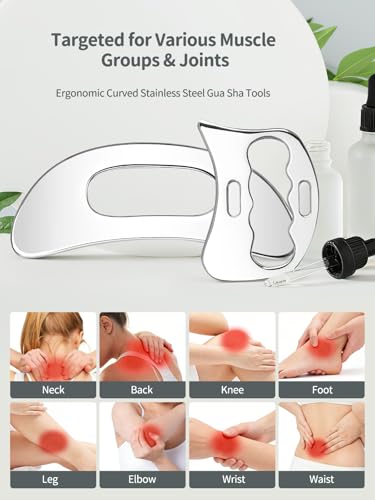 2-in-1 Stainless Steel Gua Sha Massage Tool Set, Muscle Scraper & IASTM Tools for Soft Tissue Mobilization, Myofascial Release, Body Skin Massage, Physical Therapy Sore Muscle Relief with Travel Pouch