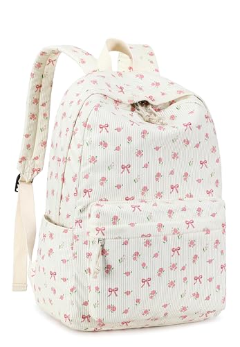 Bluboon School Backpack for Teen Girls Bookbags Elementary High School Corduroy Laptop Bags Women Travel Daypacks - color: Pink Bow 212 Beige