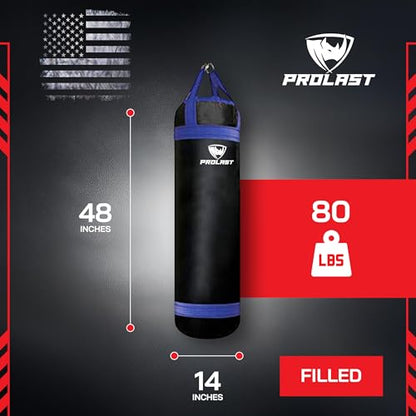 4 ft 80lb Heavy Boxing Punching Bag, Muay Thai, MMA, Strength Training Equipment, Hanging, Rhino Logo, Two Tone - color: Black / Blue, style: Filled