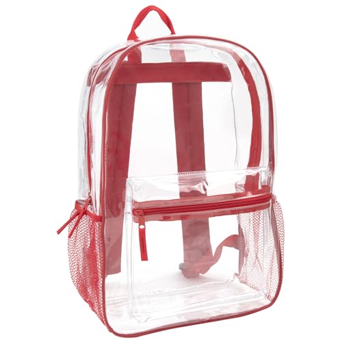 Trail maker Clear Backpack Heavy Duty with Padded Straps, Side Pockets for Kids, Boys, Girls, School, Stadium Approved Events - color: Red