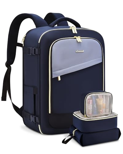 LOVEVOOK Travel Backpack for Women, 40L Carry On Backpack Flight Approved, Large Personal Item Bag Fits 17 inch Laptop, TSA Approved Luggage with 3 Packing Cubes,Waterproof Weekender Gym Essentials - color: Dark Blue-beige-black, size: 40L