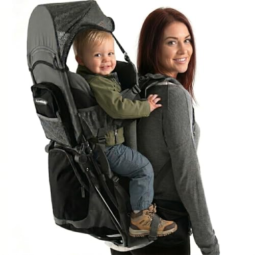Hiking Baby Carrier Backpack - Comfortable Toddler/Baby Backpack Carrier System with Diaper Change Pad, Insulated Pocket + Rain and Sun Hood to Protect Your Child - color: Black/Grey