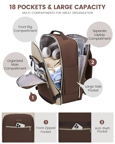 LOVEVOOK 50L Travel Backpack for Women & Men, Airline Approved Carry On Luggage with 3 Packing Cubes, TSA Overnight Bags, Waterproof Personal Item Bag, Weekender Essentials Backpacks fits 17" Laptop - color: Coffee-beige-black, size: X-Large