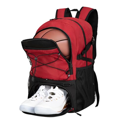 Goloni 30L Sports Backpack with Ball Compartment & Ventilated Shoe Pocket,Basketball Soccer Bag for Youth Boys Girls - color: Wine Red