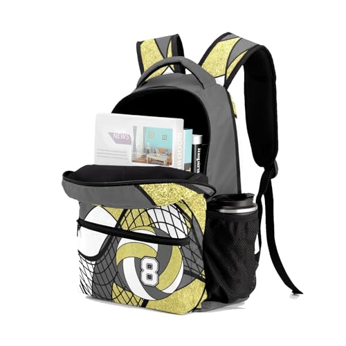 Volleyball Grey Gold Shoulders Bags Daypack with Name Personalized School Bookbag for Sports Party Traveling - color: Volleyball Grey Gold