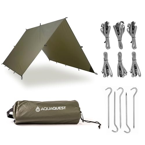 AquaQuest Guide Tarp – Ultralight Waterproof (5,000 mm) Seam-Taped 40D Ripstop Rain Fly for Backpacking, Stealth Camping & Thru-Hiking - color: Olive Drab Kit, size: 10 x 10 ft