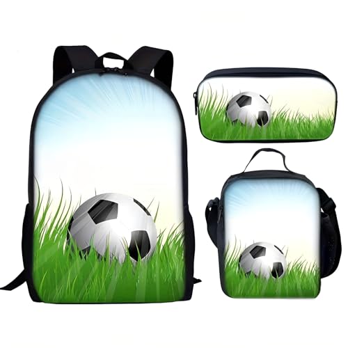 3PCS Soccer Backpack Set, 16" Lightweight Football Daypack, Soccer Ball Print Casual Laptop Backpack for Travel Camping Work (style-12) - color: Style-12