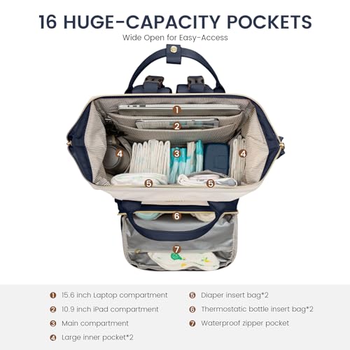 LOVEVOOK Diaper Bag Backpack, Baby Bag with Changing Station, Large Diaper Backpack for Mom Dads, Waterproof Leather Mommy Bag for Boy and Girl, Travel Essential Baby Shower, Navy Blue-Beige - color: Navy Blue-beige